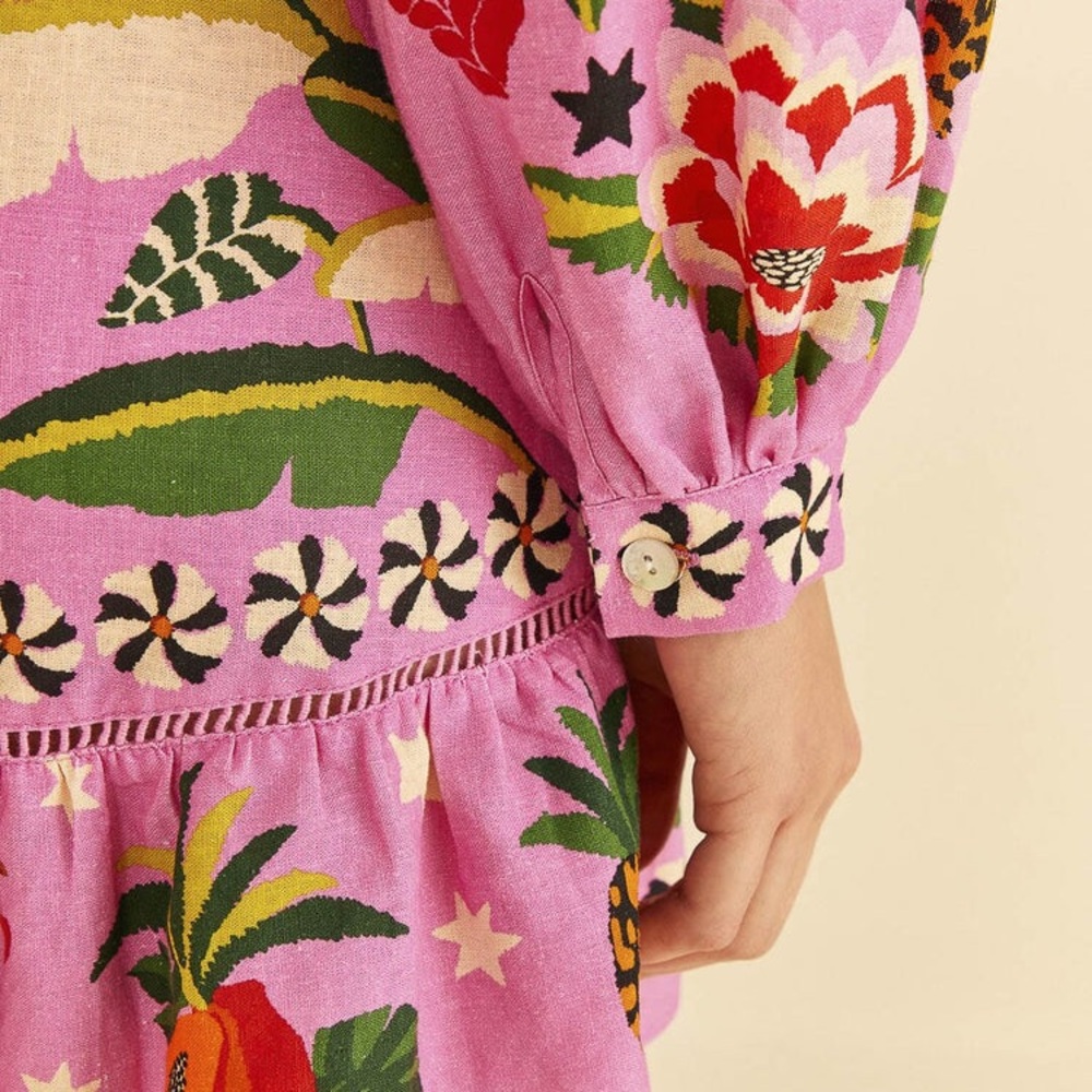 NEW FARM Rio Pink Leopard Forest Mini Dress Linen Blend Beaded Tassels Flowy XL - Picture 6 of 15